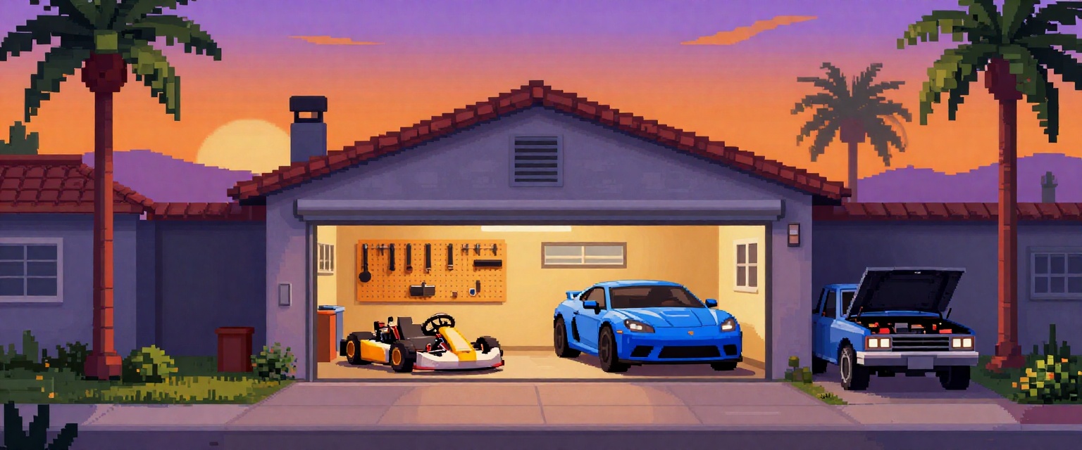Alan’s pixel-art garage at sunset